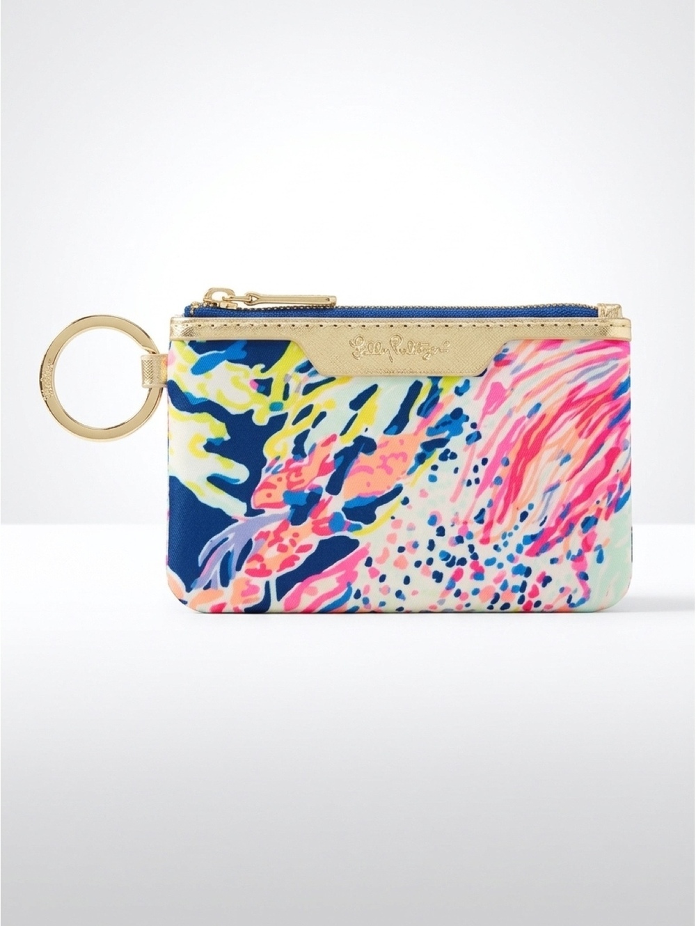 Lilly Pulitzer Colorful Printed Coin Purse with Gold Key Ring Blue Lining